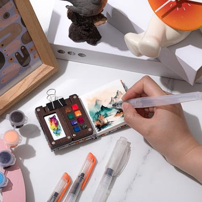 Qilery Mini Portable Watercolor Palette Set Wooden Grid Paint Box Watercolor Paper Sketch Book Brush Pens with Binder Clip for Painters Artist Not Include Paint(Blue Flowers) - style: Blue Flowers