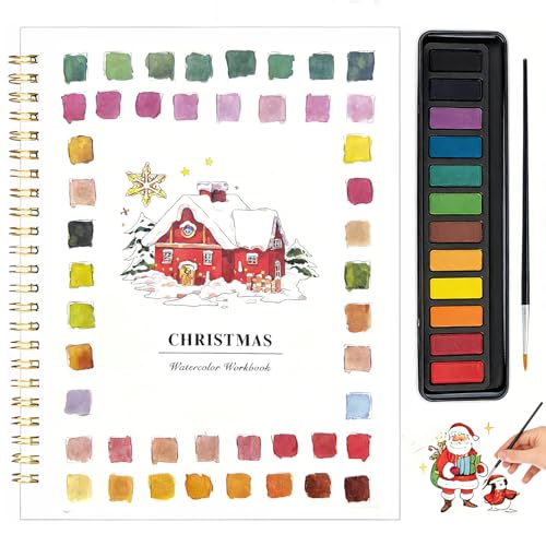 Watercolor Workbook for Beginners - Complete Watercolor Painting Kit with 12 Color Paint Set & Brush | Step-by-Step Art Book for Adults, Hobby Gift for Friends - color: Christmas
