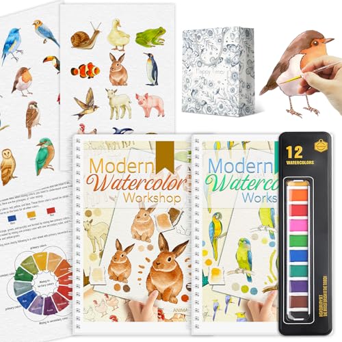 2Pcs Watercolor Workbook Beginner-Friendly Watercolor Workbook with Step by Step for Adults for Adults with 12 Colors Paint, Beginner Watercolor Painting Kit Watercolor Paper - Valentine's Day Gift - style: Animals & Bird