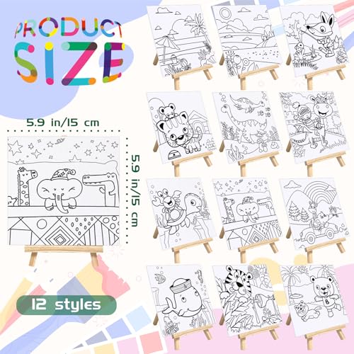 SytuHete 48PCS 12 Sets Printed Canvas Paint Art 12 Pcs Wooden Easel Set Paint Pots and Brushes and 12 Pre Drawn Canvas Panel 12 Pcs Mini Apron and Tote Bag for Kids(Classic) - style: Classic