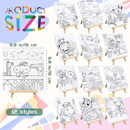 SytuHete 48PCS 12 Sets Printed Canvas Paint Art 12 Pcs Wooden Easel Set Paint Pots and Brushes and 12 Pre Drawn Canvas Panel 12 Pcs Mini Apron and Tote Bag for Kids(Classic) - style: Classic