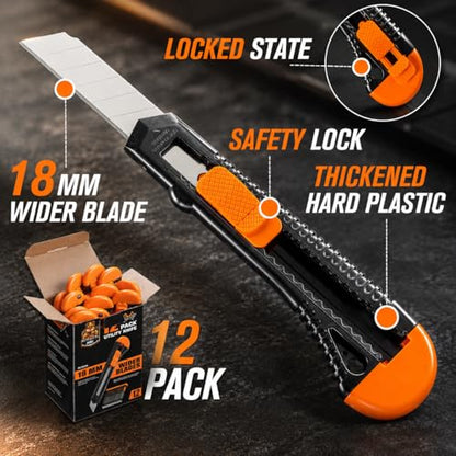 REXBETI 12-Pack Utility Knife, Retractable Box Cutter for Cartons, Cardboard and Boxes, 18mm Wider Razor Sharp Blade, Smooth Mechanism, Perfect for Office and Home use - style: 12 Pack