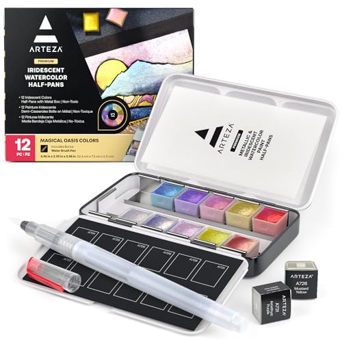 ARTEZA Metallic Watercolor Paint Set – 12 Iridescent Half Pans, Compact Travel Palette with Brush for Painting, Journaling & Mixed Media - style: Iridescent, Set of 12