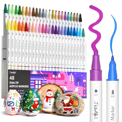 JusArt 48 Colors Acrylic Paint Markers, Dual Tip Coloring Markers with Dot and Fine Tip for Rock, Fabric, Wood, Glass, Ceramic, Canvas, Vibrant Art Supplies for Adult - color: White Barrel - 48 Colors