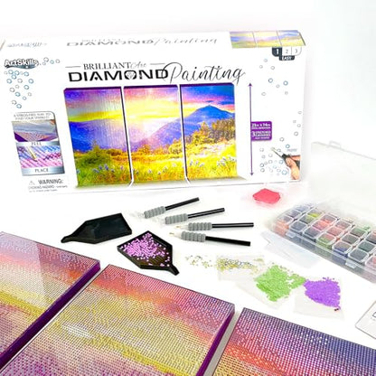 ArtSkills Diamond Painting Kit, Diamond Art on Framed Canvas with Gem Storage Case and Accessory Kit, Purple Mountains, 3 Stretched Canvas Panels, 14” x 7” Each - color: Purple Mountains