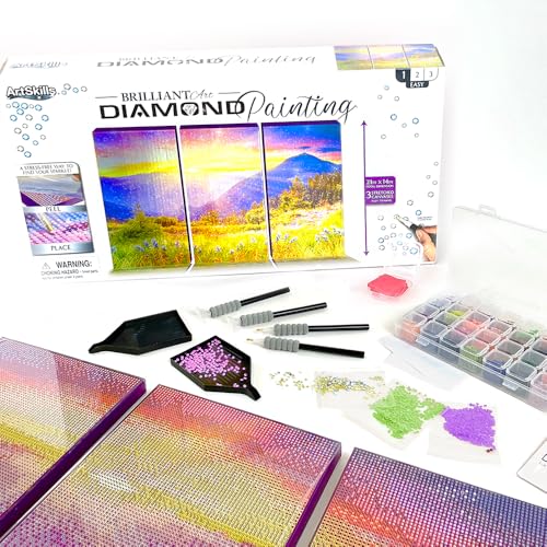 ArtSkills Diamond Painting Kit, Diamond Art on Framed Canvas with Gem Storage Case and Accessory Kit, Purple Mountains, 3 Stretched Canvas Panels, 14” x 7” Each - color: Purple Mountains