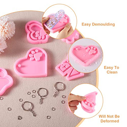 Craftdady 6pcs Keychain Pendant Resin Casting Molds Heart Bone Dog Paw Print Charms Silicone Molds with 12pcs Key Rings, 20pcs Jump Rings for Resin Casting DIY Keychain Jewelry Craft - color: Pink,Keychain,6pcs