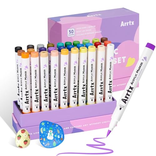 Arrtx 30 Colors Acrylic Paint Pens for Rock Painting, Brush Tip Paint Markers for Rock Painting, Ceramic, Glass, Canvas, Mug, Wood, Easter Egg, Waterproof Paint DIY Crafts Making 30B