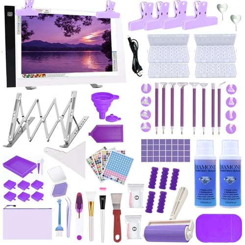 DNSGOOR 244Pcs All Inclusive Diamond Art Accessories Kit Diamond Painting A2 LED Light Pad Set with Diamond Art Sealer Glue Stand Storage Case Pens 5D Painting Tools for DIY Drill Craft - color: Purple, size: A2
