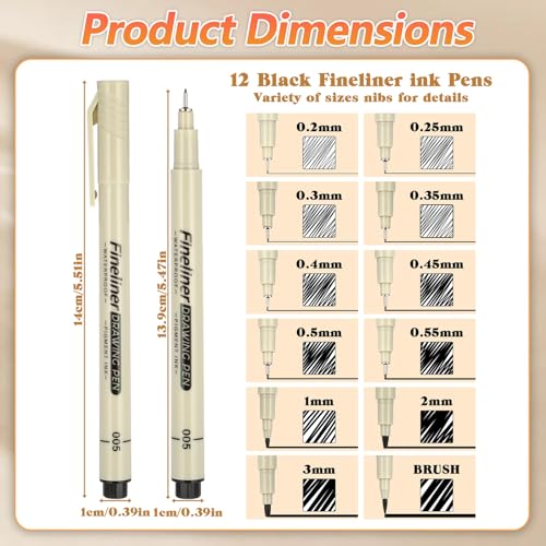 YUXIANLB 13pcs Micro Fineliner Drawing Art Pens, Black Waterproof Fine Line Pigment Ink Set Artist Supplies Archival Quality Inking Markers Liner Sketch Outline Zentangle Kit Stuff Detail Outlining