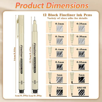 YUXIANLB 13pcs Micro Fineliner Drawing Art Pens, Black Waterproof Fine Line Pigment Ink Set Artist Supplies Archival Quality Inking Markers Liner Sketch Outline Zentangle Kit Stuff Detail Outlining