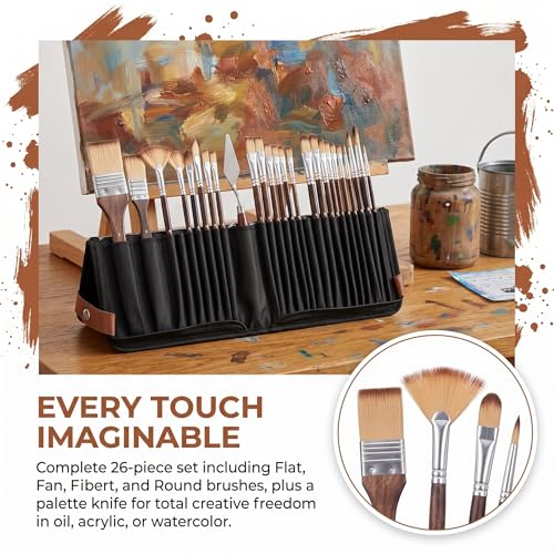 26pcs Paint Brush Set, Includes Flat, Filbert, Fan, Dagger, Cat Tongue, Round, Angle, Rigger & Palette Knife, Travel Paint Brushes for Acrylic Painting, Watercolor, Oil, Canvas, Face Painting