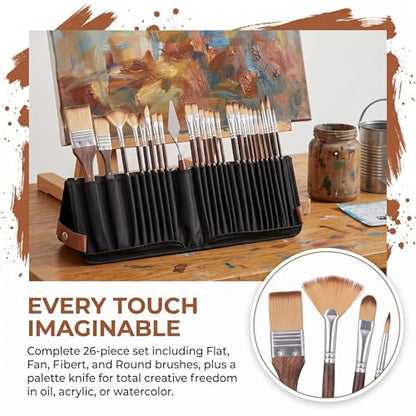 26pcs Paint Brush Set, Includes Flat, Filbert, Fan, Dagger, Cat Tongue, Round, Angle, Rigger & Palette Knife, Travel Paint Brushes for Acrylic Painting, Watercolor, Oil, Canvas, Face Painting