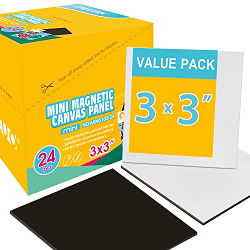 AUREUO Mini Magnetic Canvas Panel 3x3 Inch / 24 Pack - Small Square Flat Canvas Board with Magnet Back Art Gift Set Bulk Pack Tiny Thin Canvases for Painting & Craft - size: 3"x3", Canvas Panel
