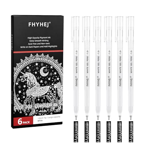 Fhyhej 6 Pack 1mm Fine Point White Gel Pens, Opaque Ink for Black Paper | Archival white ink, smooth writing, for drawing sketching illustration bullet journaling paper craft art works - color: White, size: 1.0 mm