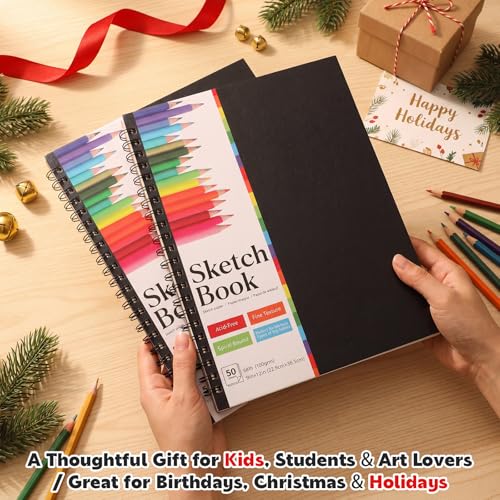 9" x 12" Sketch Book, 2-Pack 50 Sheets Top-Spiral Bound Sketchbook Drawing Pad, 100gsm Perforated Pages Art Supplies for Beginner Artists Students Drawing Painting Sketching - size: 9x12