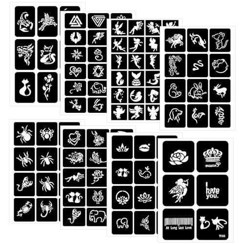 8 Temporary Tattoo Stencils, 108 PCS Henna Stencils Reusable Tattoo Stencils for Face Body Art Painting for Women Men Adults - color: 8sheets, 108pcs