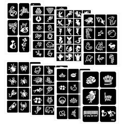 8 Temporary Tattoo Stencils, 108 PCS Henna Stencils Reusable Tattoo Stencils for Face Body Art Painting for Women Men Adults - color: 8sheets, 108pcs