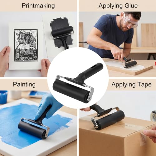 Afcabakila 6 Pack 4 Inch Rubber Brayer Roller, Black Printmaking Roller with Stainless Steel Frame and Non-Slip Handle for Crafting, Painting, Inking, Stamping, Gluing