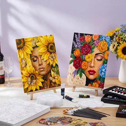 Cholemy 36 Pcs Paint and Sip Kit for Adults 8''x10'' Pre Drawn Canvas for Painting DIY Afro Acrylic Painting Kit Wood Easel Brushes Date Night Bulk for Summer 4th of July Party Gift(Floral Lady) - style: Floral Lady