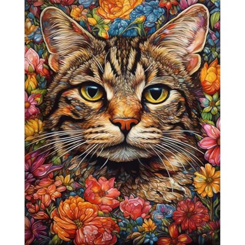 xackcme Cat Paint by Numbers for Adults - Cat Flowers Paint by Number on Canvas Without Frame, DIY Animal Oil Painting for Gift Home Wall Decor (16x20 inch) - color: MT12873