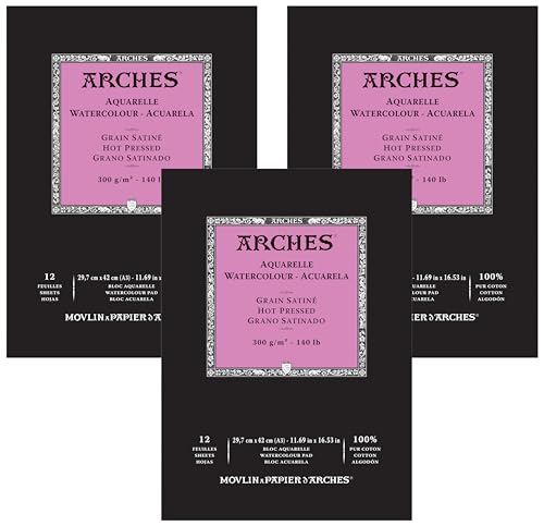 Arches Watercolor Pad 11.69x16.53-inch Natural White 100% Cotton Paper - 12 Sheet Arches Hot Press Watercolor Paper 140 lb Pad - Arches Art Paper for Watercolor Gouache Ink Acrylic and More - size: a3 (Pack of 3)