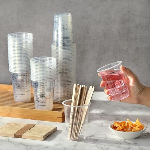 80pcs Paint Mixing Cups, DV 8oz Graduated Clear Plastic Measuring Cups with 80pcs Wooden Stirring Sticks for Mixing Paint, Pigments, Epoxy Resins, Resins