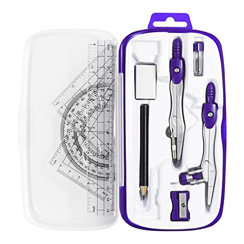 Unjoo Math Geometry Set 10 Pcs, Compass and Protractor for Students(Purple | Shatterproof Storage Box,Rulers,Protractor,Compass,Eraser,Pencil Sharpener,Lead Refills,Pencil,for Classroom, Back to School - color: Purple1