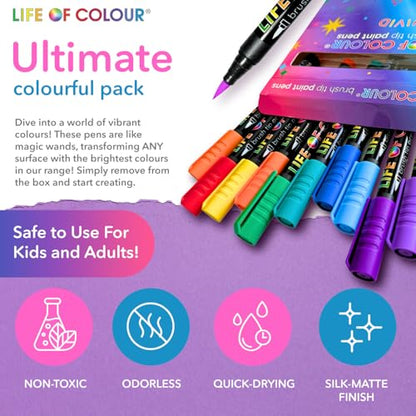 Life of Colour - Vivid Brush Tip Acrylic Paint Pens | Vibrant & Neon acrylic paint pens with flexible brush tips for wood, fabric, glass, ceramic, rocks & canvas. - style: Vivid Fine Tip Markers
