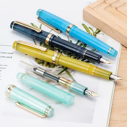 Jinhao 82 Acrylic Fountain Pen, Iridium Bent Nib with Ink Converter, Transparent Dark Blue Classic Design Calligraphy Pen (Gold Trim) - color: Dark Blue Clear (Gold Trim), style: Bent (0.5-1.0 mm)