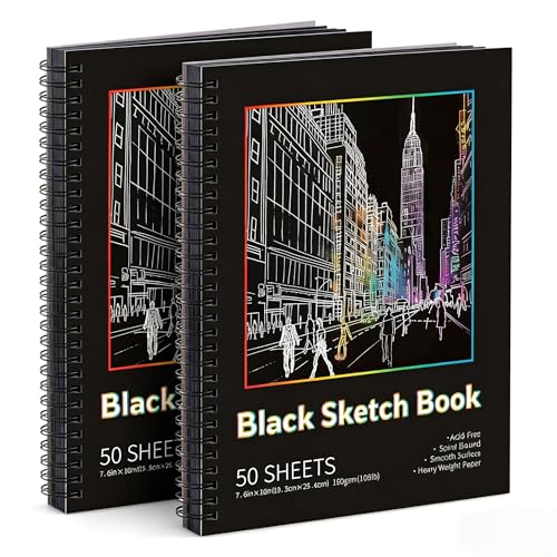 Prudiut Black Paper Sketchbook 2 Pack 7.6x10 Inch 50 Sheets 160gsm Acid-Free Drawing Pad - Spiral Bound Black Sketchbook Artist Mixed Media Charcoal Metal Markers Studio Design Notebook Supplies - size: 7.6×10 Inch (2 Pack )