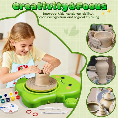 Skirfy Mini Pottery Wheel Kit for Beginners Kids,Electric Ceramic Wheel with Foot Pedal&Painting Kit, Adjustable Speed,Clay Spinner DIY Tools for Art Craft Birthday (Green Dinosaur) - color: green