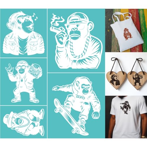 2 Sheets Hip Hop Silkscreen Stencil, Monkey Gorilla Printing Stencils Templates Reusable Self-Adhesive Silk Screen for Painting on Wall, Wood, T-Shirt, Fabric, Home Craft Decor - style: Hip Hop Monkey