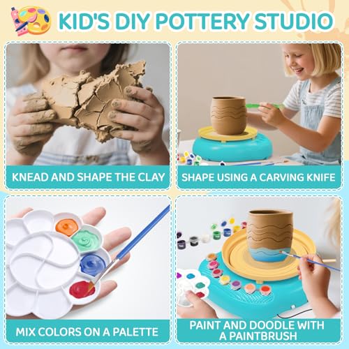 Cmiolacuna Pottery Wheel for Kids, Complete Kit with Air-Dry Clay，Ages 8-12 | Beginner pottery kit with air-dry clay, 12 paints, clay tools and apron - no kiln needed, screen-free craft gift ages 8-12 - color: Blue