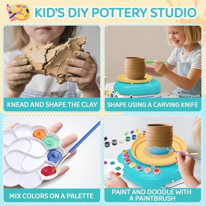 Cmiolacuna Pottery Wheel for Kids, Complete Kit with Air-Dry Clay，Ages 8-12 | Beginner pottery kit with air-dry clay, 12 paints, clay tools and apron - no kiln needed, screen-free craft gift ages 8-12 - color: Blue