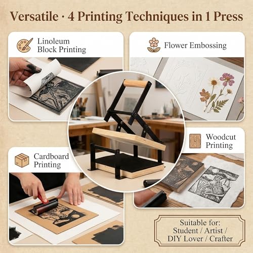 A4 Black Printing Linocut Hand Lever Press Machine with Rollers and Felt Pads for Lino Cuts, Cutting Printing, Linoleum Blocks Printmaking Tools Kit for Students, Beginners and Kids Crafts - size: A4