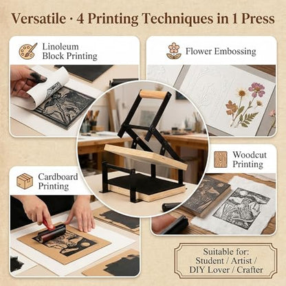 A4 Black Printing Linocut Hand Lever Press Machine with Rollers and Felt Pads for Lino Cuts, Cutting Printing, Linoleum Blocks Printmaking Tools Kit for Students, Beginners and Kids Crafts - size: A4