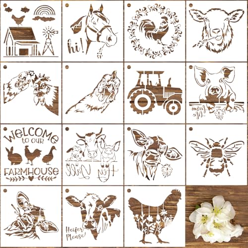 15 PCS 8 Inch Farmhouse Animals Stencils, Farm Reusable Plastic Templates for Painting on Wood Burning, Farm Animal Cow Pig Horse Stencils for Farmhouse Barn Furniture Wall Fabric DIY Crafts Decor - color: M