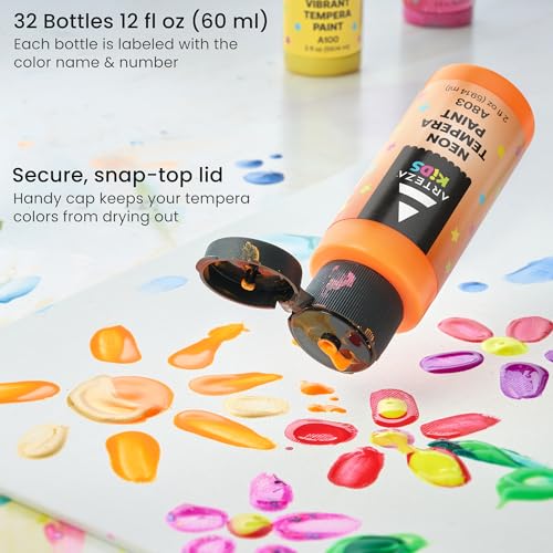 ARTEZA 32 Tempera Paint, 2.03oz/60ml Bottles, Washable Tempera Paint for Kids, Includes Neon, Glitter & Glow-in-The-Dark