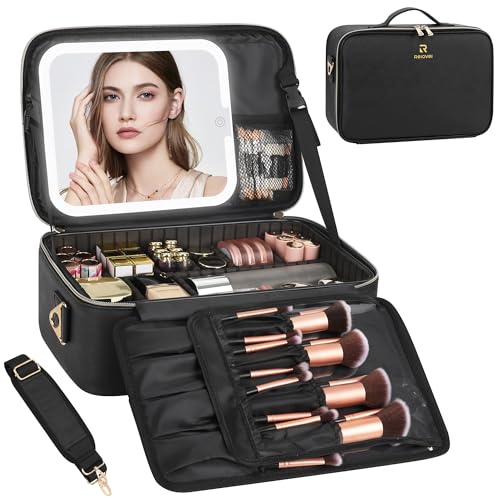 Chomeiu Makeup Bag with LED Mirror, Large Travel Cosmetic Train Case for Women, Makeup Artists Large Organizer Box with Vanity Light Up Mirror, 3 Color Lights, Adjustable Dividers (Black) - color: 01-Black, size: Medium
