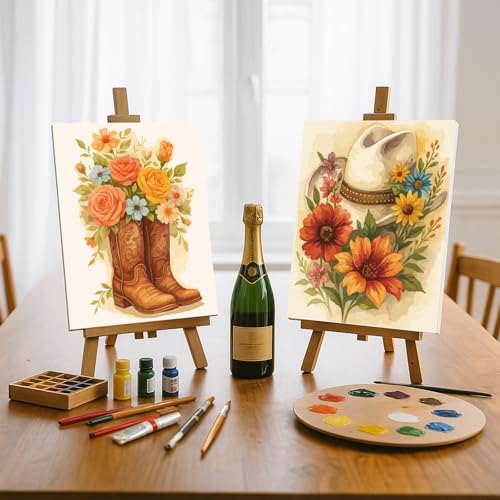 WEBEEDY 2 Pack Pre Drawn Stretched Canvas Kit for Adult Painting Flower Paint and Sip Set Coloring Outline Painting Board for Christmas Valentine's Day Paint Party Favor,8x10 Inch(Cowboy Boot and Hat)