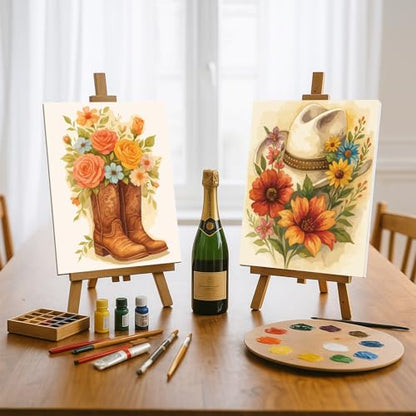 WEBEEDY 2 Pack Pre Drawn Stretched Canvas Kit for Adult Painting Flower Paint and Sip Set Coloring Outline Painting Board for Christmas Valentine's Day Paint Party Favor,8x10 Inch(Cowboy Boot and Hat)
