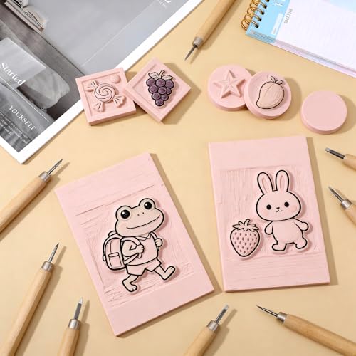 18 Pcs Rubber Stamp Carving Blocks Linoleum Blocks 4"x6" and 2"x2" Round Square Rectangle Block Carving Kit for Stamp Crafts DIY Project(Pink)