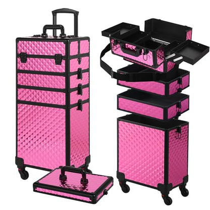 Somduy Rolling Makeup Case, Makeup Train Case with Lid, 5 in 1 Cosmetology Case on Wheels, Christmas Gift, Large Makeup Organizers, Profesional Cosmetic Case for Salon Barber, Rose Red - color: Rose Red