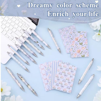 Motiskyy 24 Pcs Blue Hydrangea and Bow Floral Pens Flower Ballpoint Pens Flower Notepads Set Design Line Notebook Employee Gifts Set for Student School Office Supplies, Back to School Gift - style: Pink and White
