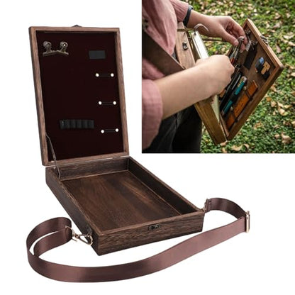 Wood Postman Bag Messenger Box with Hinged Lid Front Clasp Retro Portable Artist Tool Storage Sketch Art Easel for Painting Brown
