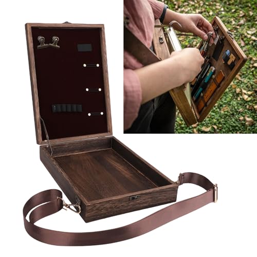 Marhynchus Wooden Artist Sketch Box, Portable Writing Messenger Bag with 2 Retro Clips 5 Elastic Loops 3 Elastic Straps for Writers Designers Architects