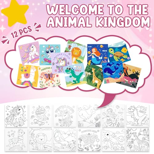 CONDA 12 Pcs Pre Drawn Canvas to Paint 6x6 Inch, Animal Pre Printed Canvas for Painting with 12 Acrylic Paint Sets and 12 Brushes for Kids Beginners Students, DIY Paint Art Supplies - color: Animal Canvas Kit