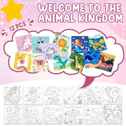 CONDA 12 Pcs Pre Drawn Canvas to Paint 6x6 Inch, Animal Pre Printed Canvas for Painting with 12 Acrylic Paint Sets and 12 Brushes for Kids Beginners Students, DIY Paint Art Supplies - color: Animal Canvas Kit