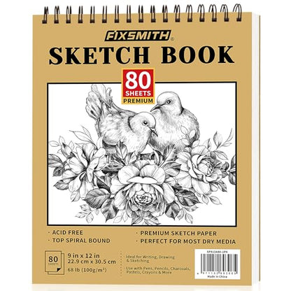 FIXSMITH 9"X12" Sketch Book | 80 Sheets (68 lb/100gsm) Sketchbook | Top Spiral Bound Artist Sketch Pad | Acid Free Drawing Pad | Ideal for Kids, Beginners, Artists & Painters | Bright White - color: Tan, size: 9"x12"-1 Pack